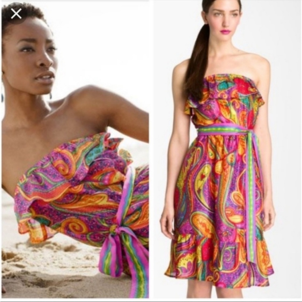 Trina Turk Colorful Paisley Strapless Silk Dress. Size 6